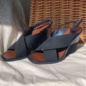 Tory Burch Navy Blue Suede Gabrielle Slingback Wedge Sandal Womens Size 7.5